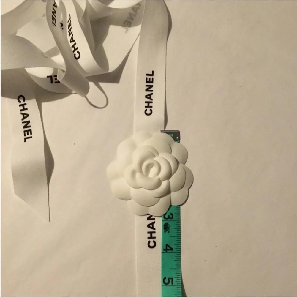 CHANEL 75”LONG WHITE RIBBON BLACK LOGO PRINTED WITH CAMELLIA FLOWER ATTACH